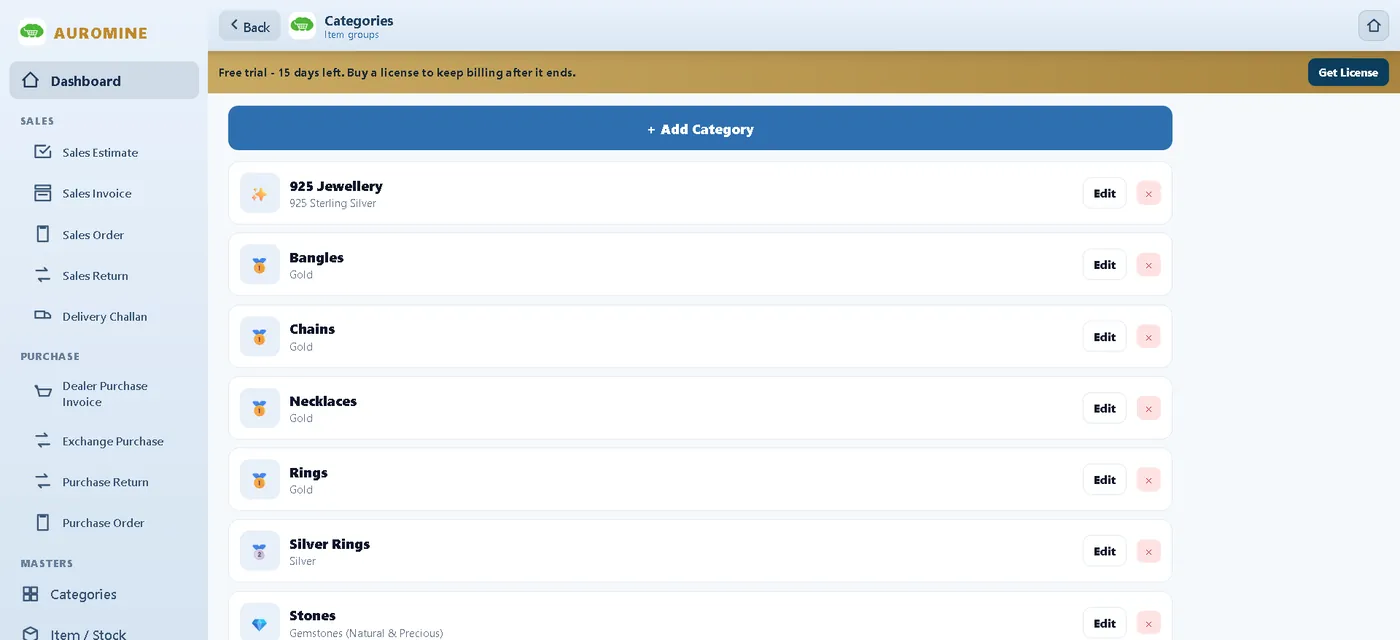Category list grouped by metal in the Auromine web app
