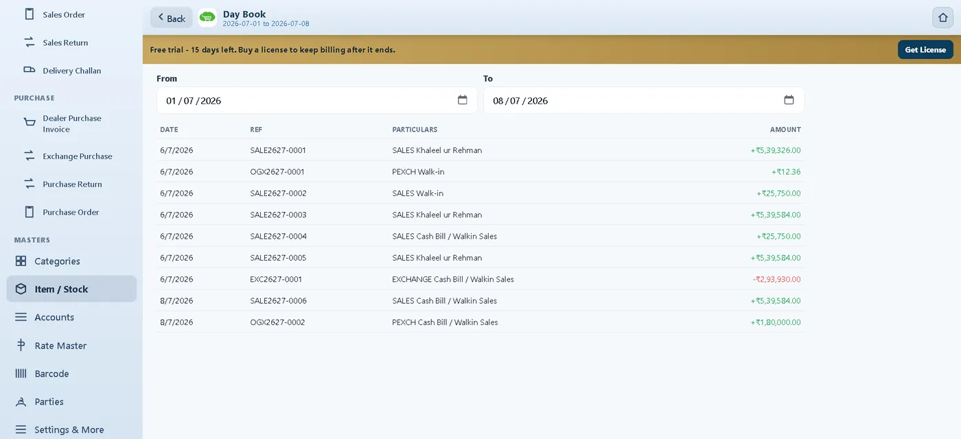 Auromine day book on the web app listing sales and exchange vouchers by date