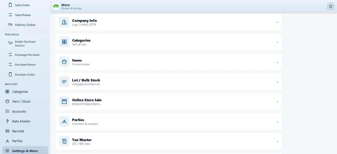 Settings menu with tax master, rate master, appearance and backup