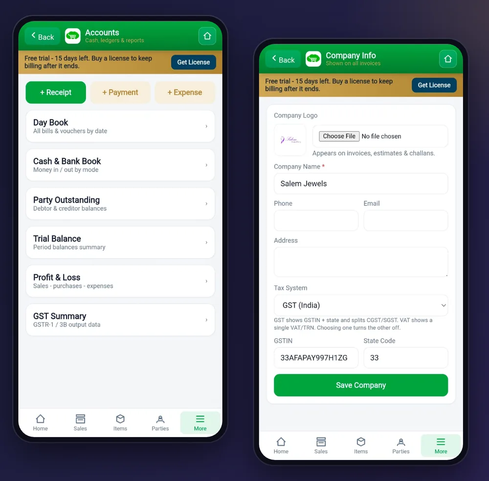 Accounts menu with day book and GST summary, and company GSTIN settings