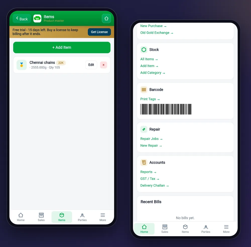 Item master with tagged stock, barcode printing and repair jobs