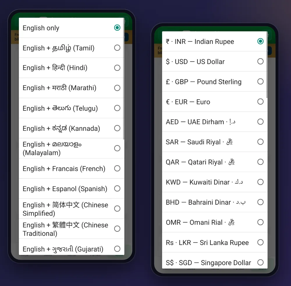 Language and currency pickers showing Tamil, Hindi, Arabic and Chinese