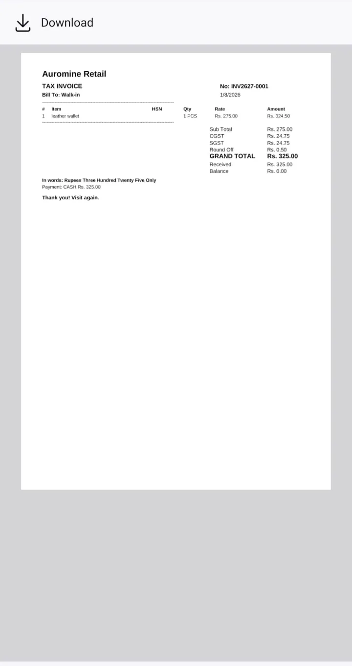 Auromine Retail GST tax invoice showing CGST, SGST and amount in words