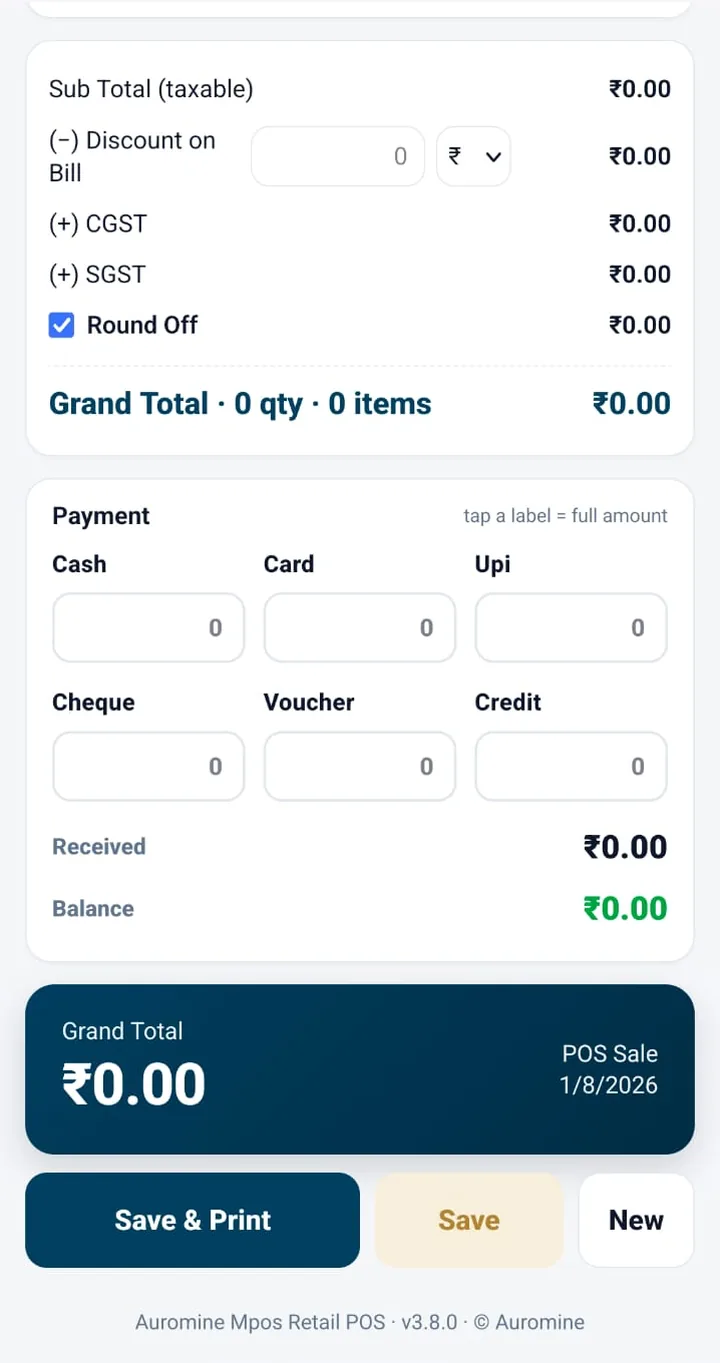 Split payment screen with cash, card, UPI, cheque, voucher and credit