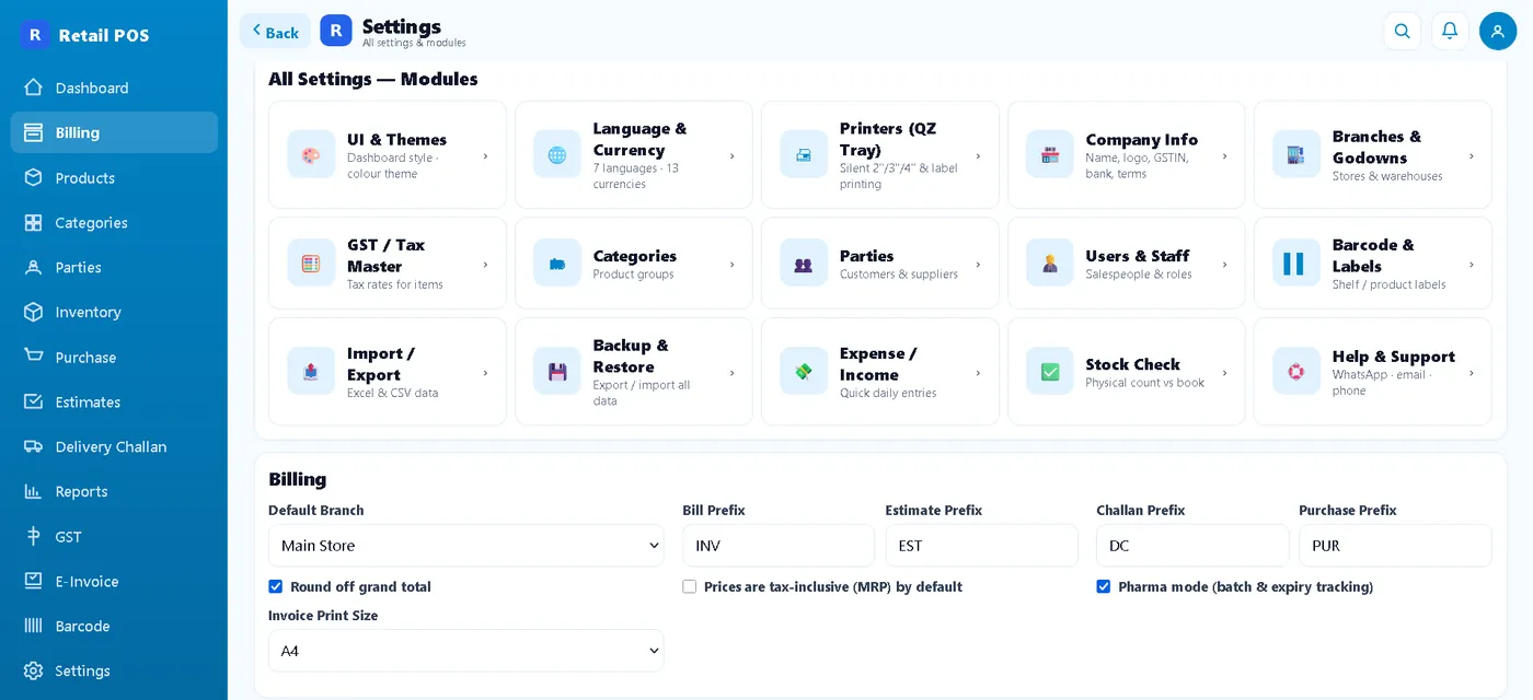 Retail POS settings page showing all fifteen module tiles