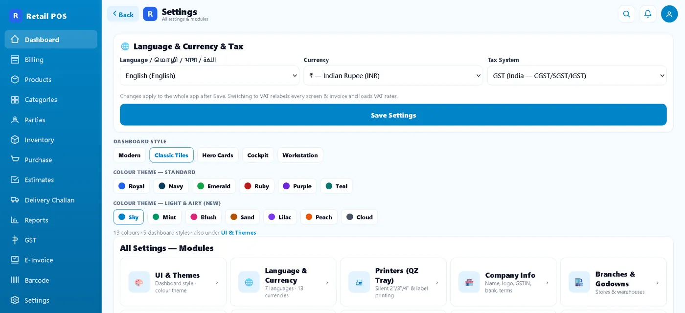 Appearance settings with dashboard styles, colour themes and tax system