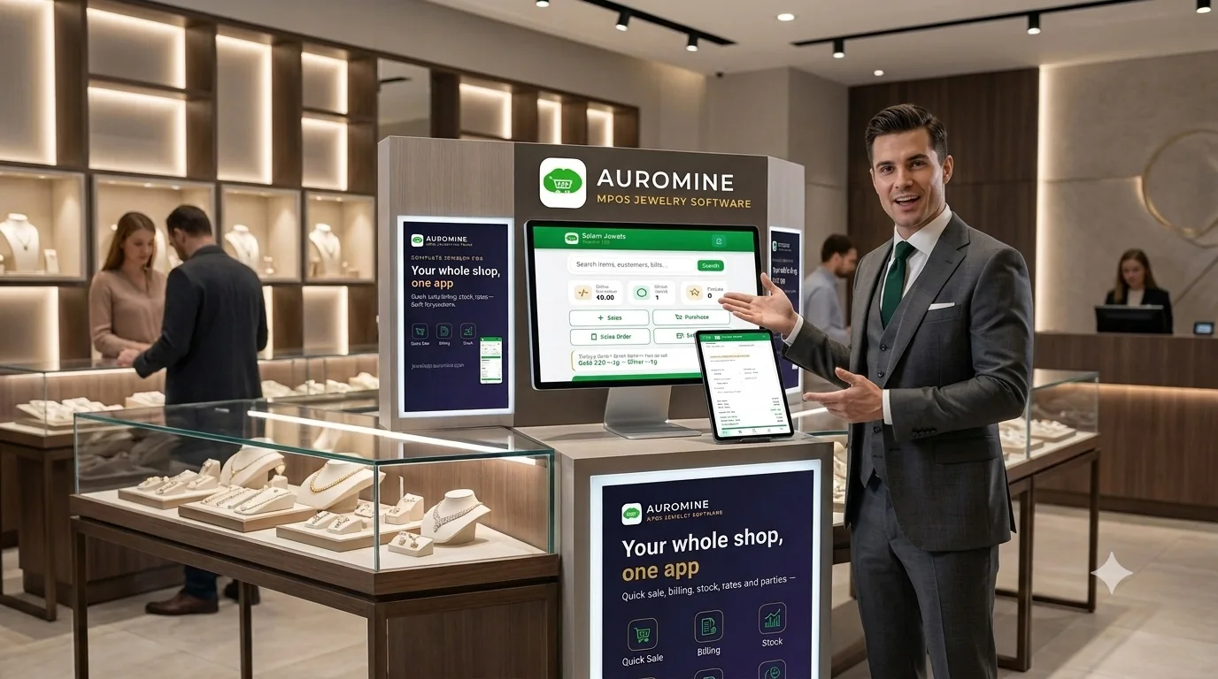 A jeweller standing at the counter of his showroom with Auromine Jewellery POS running on the till and a tablet