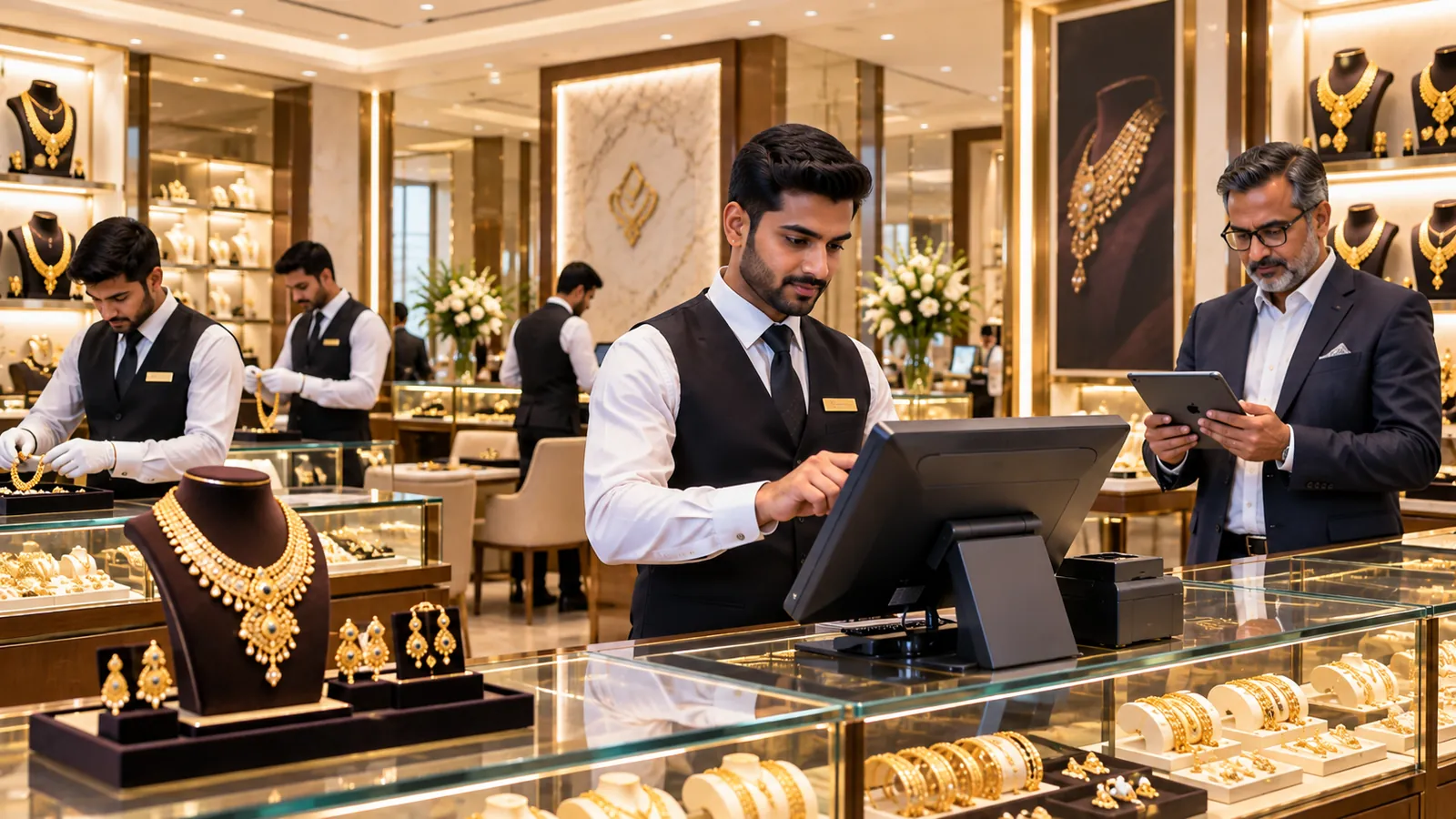 A jewellery showroom counter billing on Auromine Jewellery POS