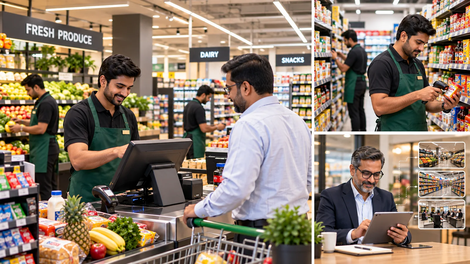 A supermarket counter scanning groceries on Auromine Retail POS, an assistant scanning shelf stock, and the owner reviewing stores on a tablet