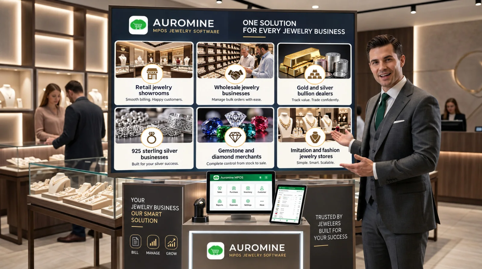 A jewellery showroom counter billing on Auromine Jewellery POS