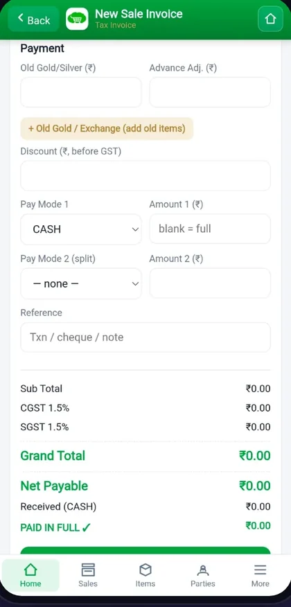 Auromine Jewellery POS new sale invoice