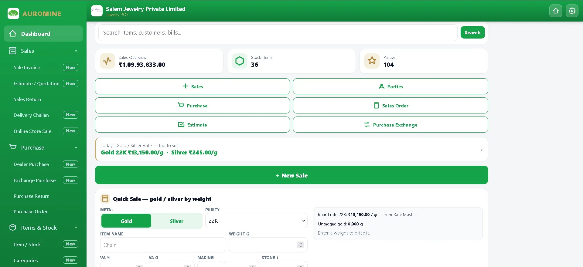 The Auromine Jewellery POS web app on a shop computer: sales overview, stock items, parties, today's gold and silver rate, and quick sale by weight